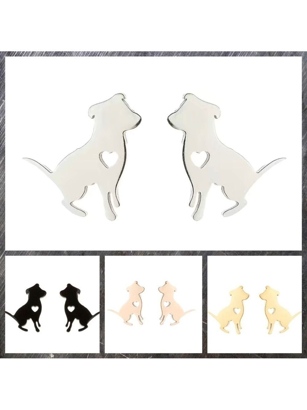 Dog Pitbull and Heart Stainless Steel Stud Earrings #812 (Color: Silver)
